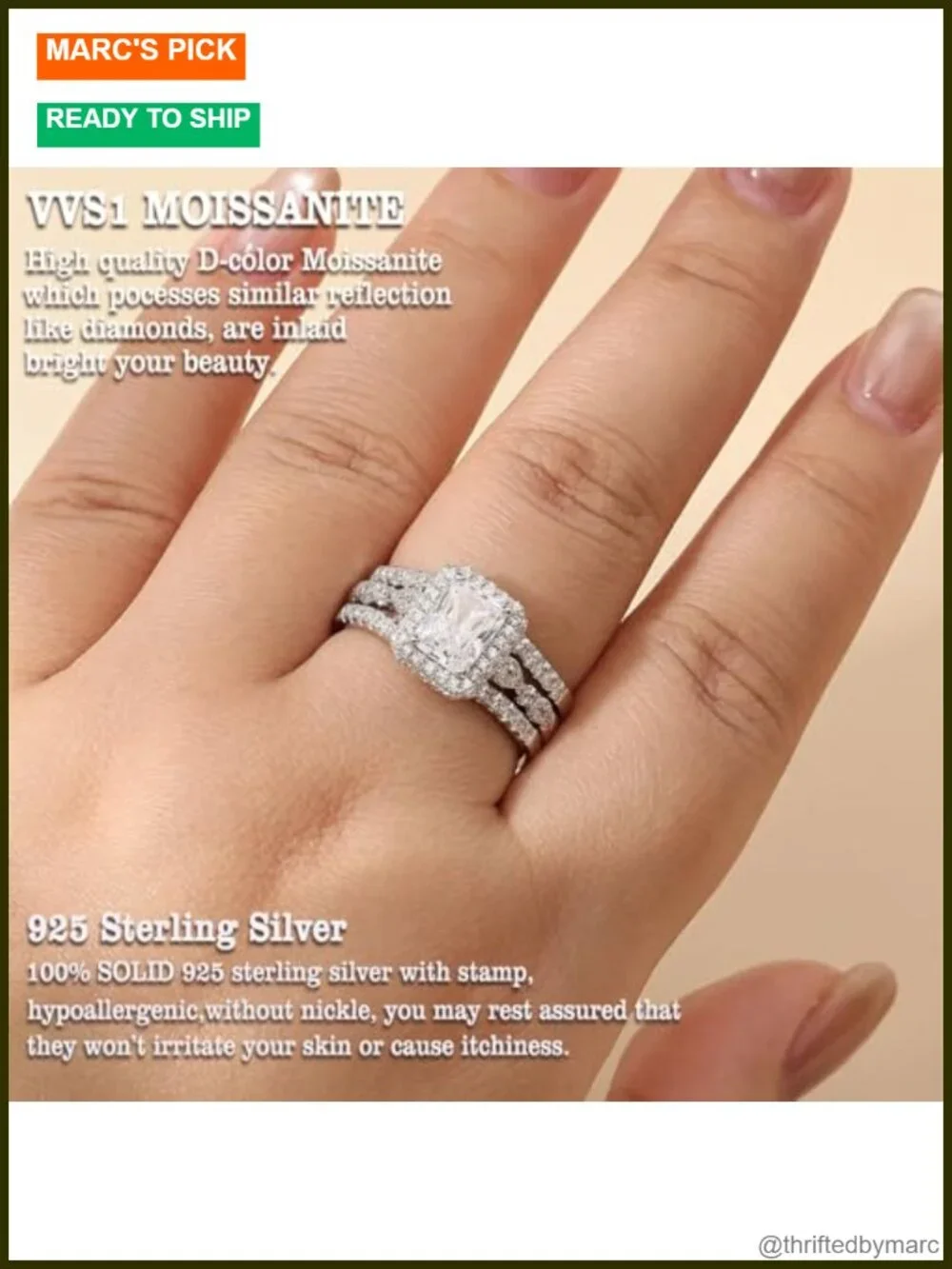 Sterling Silver Moissanite Bridal Set Radiant Cut Wedding Rings